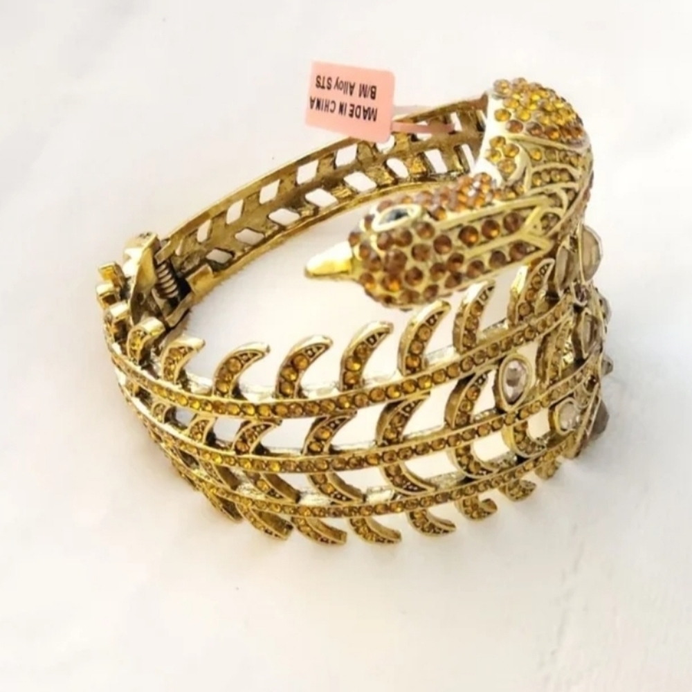Austrian Crystal Goldtone Peacock Hinge Bangle Colorful Chunky